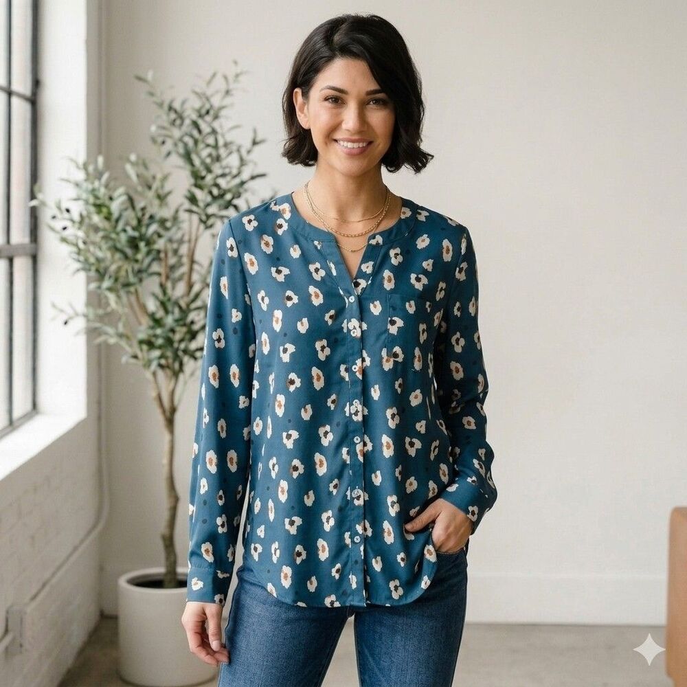 Skies Are Blue Teal Floral Blouse Split Neck Button Up Long Sleeve Shirt Size 1X